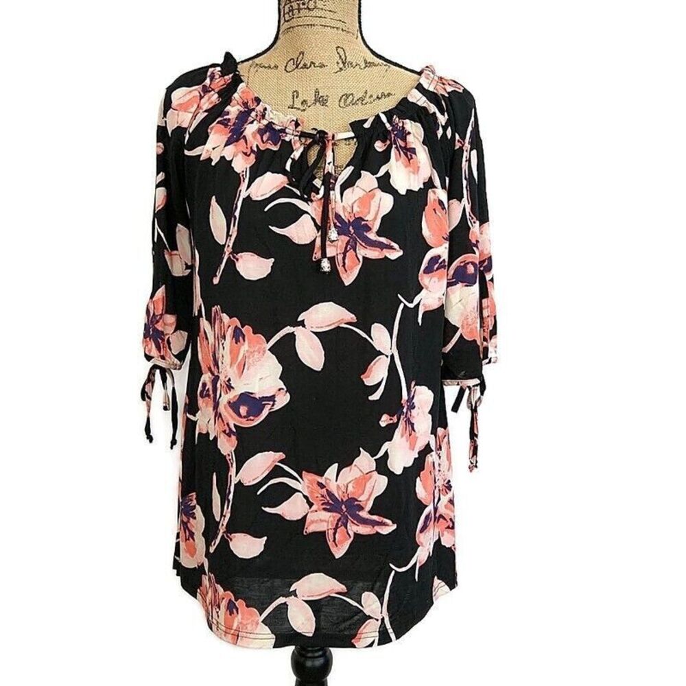 Lildy Womens sz S M Top Pink Floral Tie Scoop Neck Tie 3/4 Sleeve Blouse
